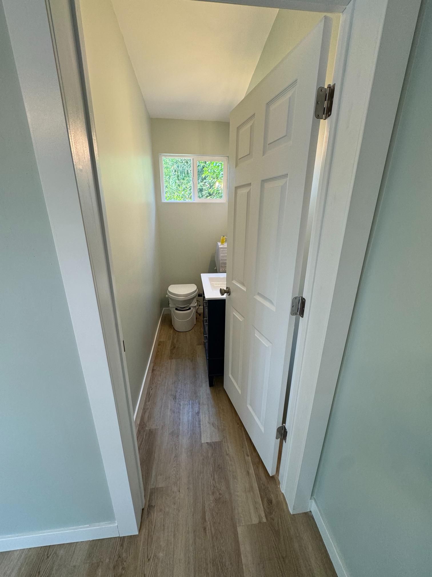 Narrow bathroom with toilet, sink, and closed white door; light blue walls, wood-look floor.
