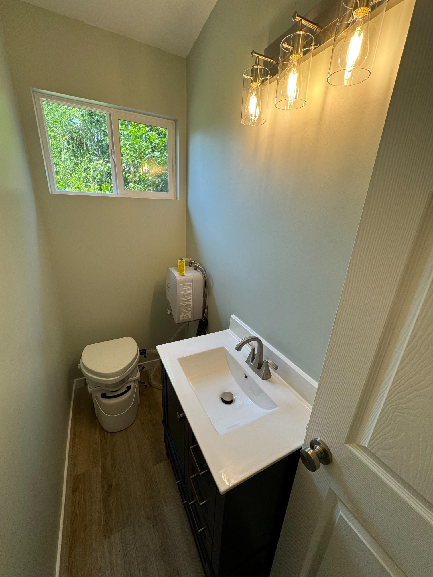 Small bathroom with a toilet, sink, and window. Green walls, wood-look floor, and a light fixture.