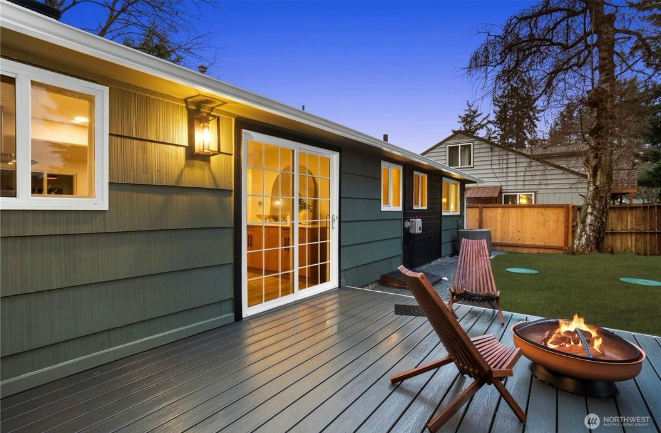 Backyard deck with fire pit and house at dusk.