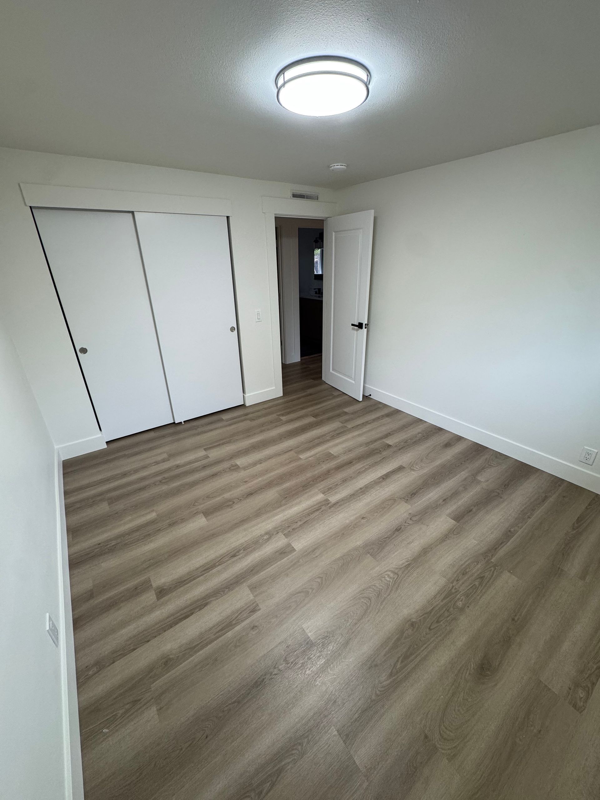 Empty room with white walls, closet, and open door. Gray wood-look flooring and a ceiling light.