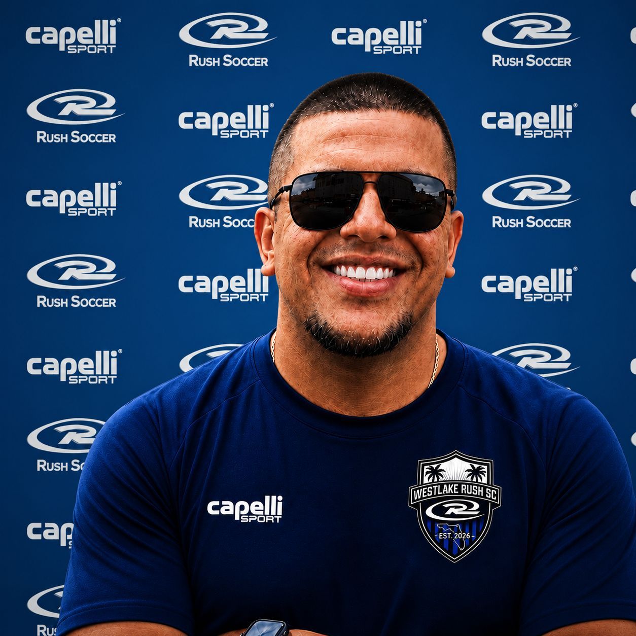 Smiling man in sunglasses and navy shirt posing in front of a Run Soccer and Capelli Sports backdrop