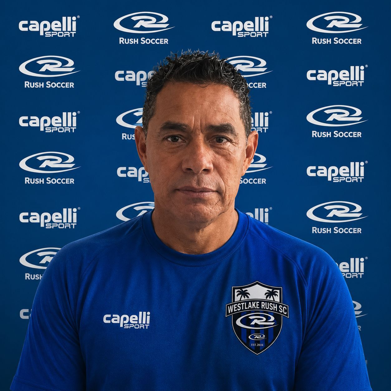 Portrait of a man in a blue Capelli soccer shirt before a Rush Soccer backdrop