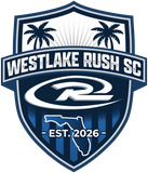 Westlake Rush SC shield logo in blue and white with palm trees, Florida outline, and &ldquo;EST. 2026&rdquo; text