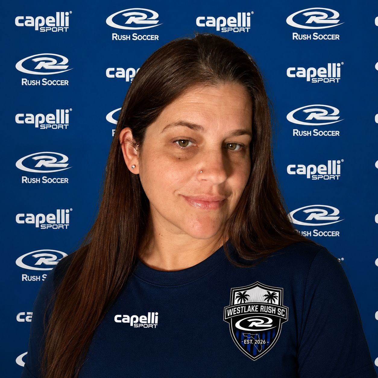 Gray silhouette avatar on a blue Rush Soccer and Capelli Sport logo background
