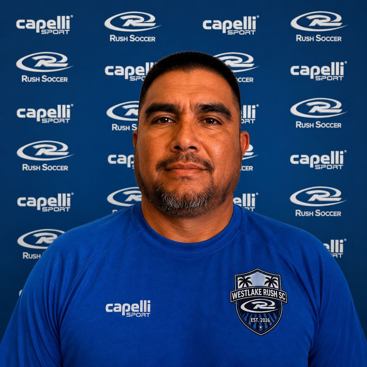 Man in blue shirt posing in front of a Capelli and Rush Soccer logo backdrop