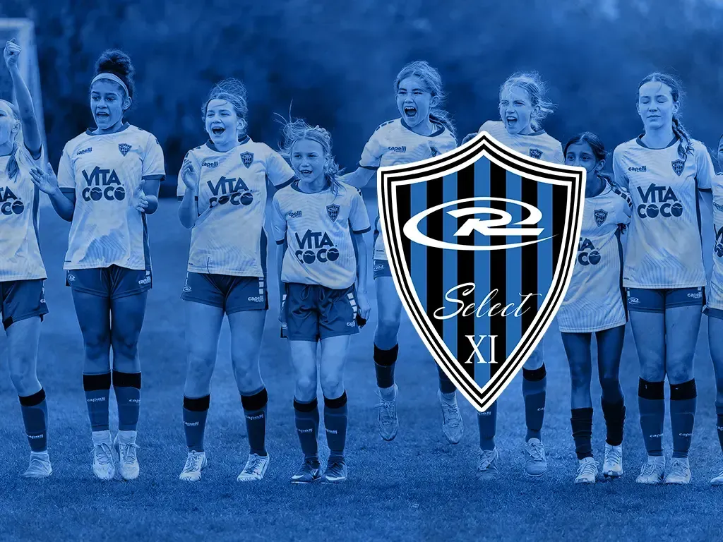 Blue soccer player collage with club crest and jersey close-up on a blue background