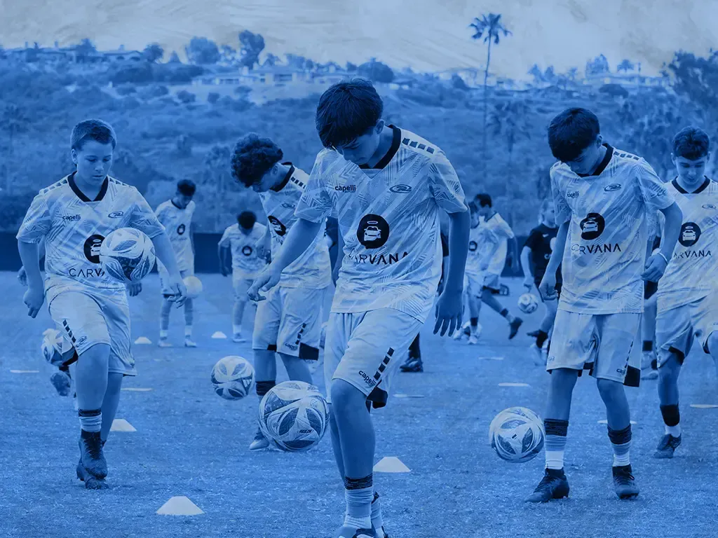 Football team collage in blue kits with Reach logo and a stadium backdrop