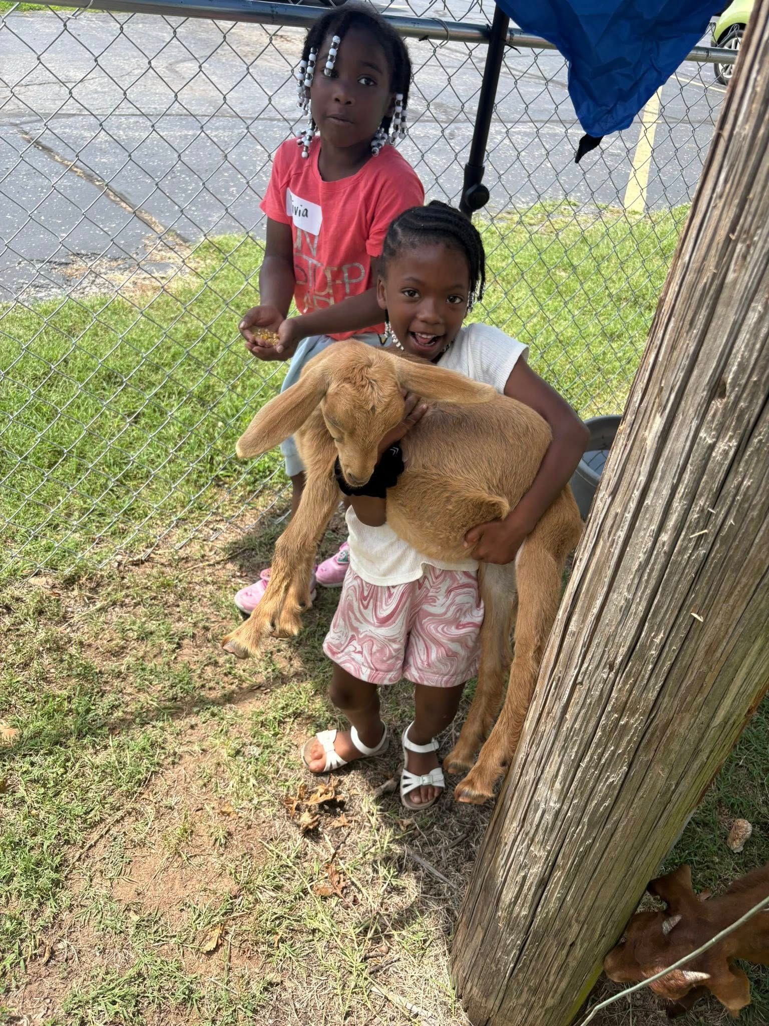 A little girl is holding a small dog in her arms.