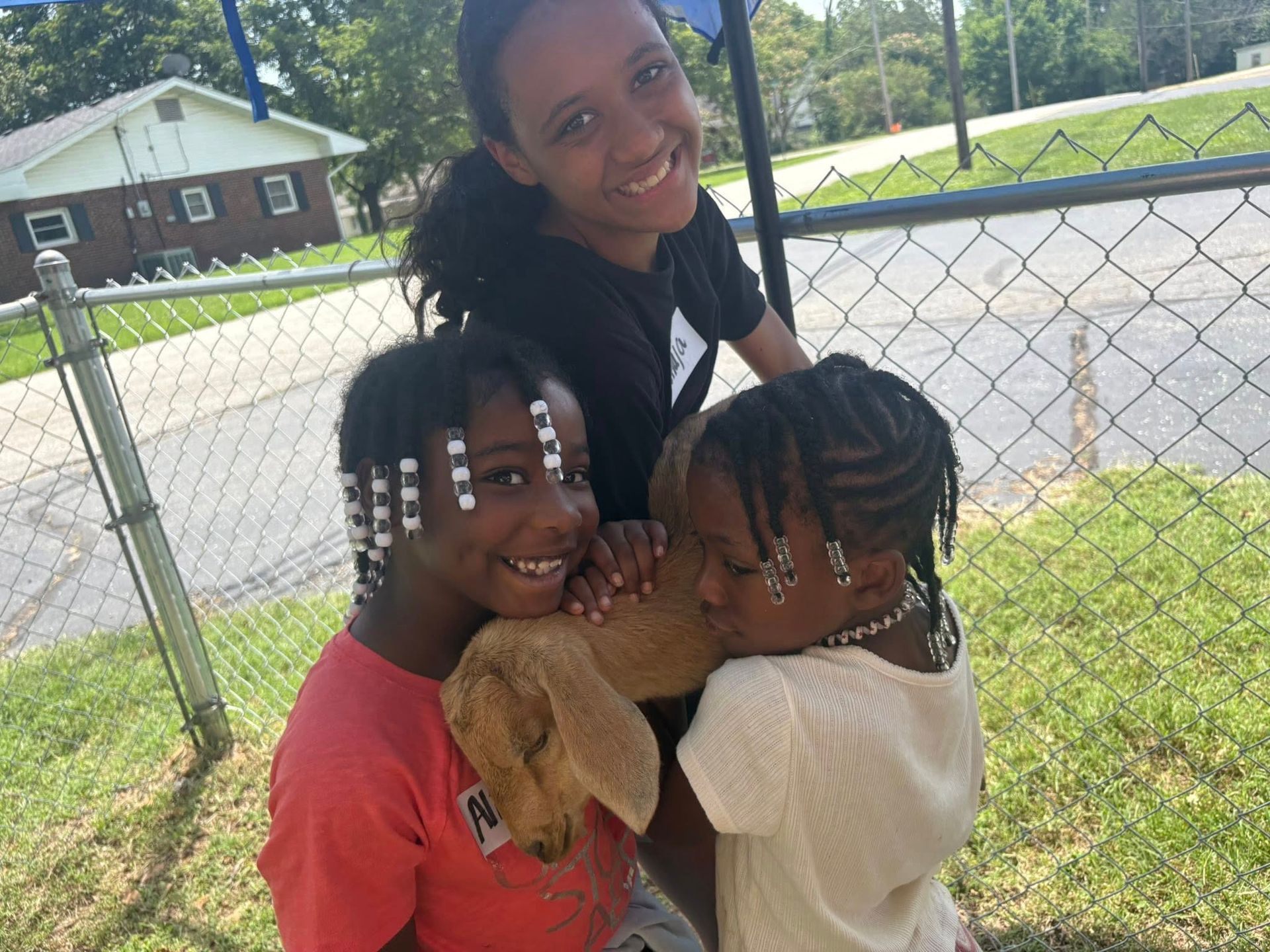 Two young girls are hugging a puppy in front of a chain link fence.