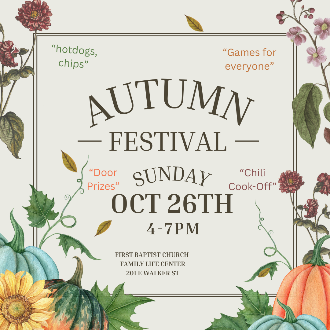 Autumn festival flyer with food, games, door prizes, and chili cook-off, October 26th, 4-7 PM.