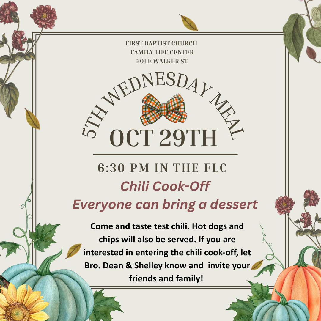 Flyer for a church-wide meal on Oct 29th, 6:30 PM with a chili cook-off, games, and prizes.