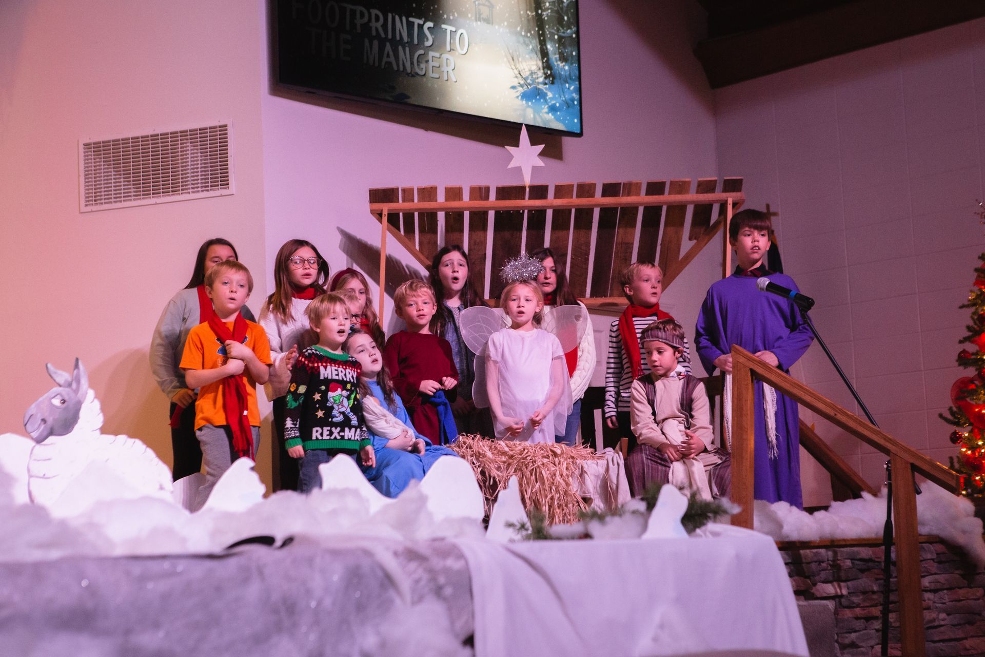 Children performing a Christmas Nativity play on a stage, with a manger scene and a decorated tree.