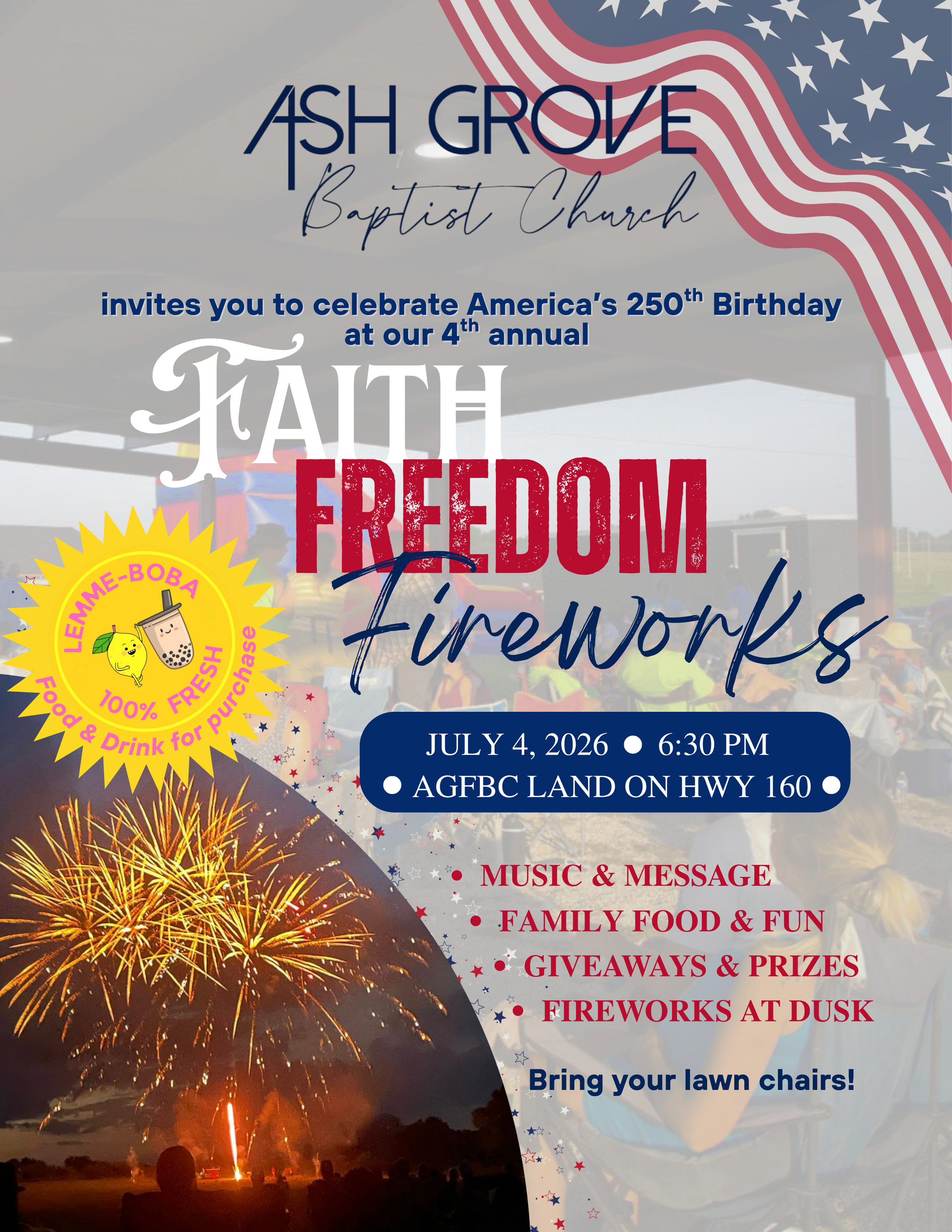 Ash Grove Baptist Church 4th annual Faith, Freedom Fireworks July 4, 2026 event flyer with fireworks and flag backdrop
