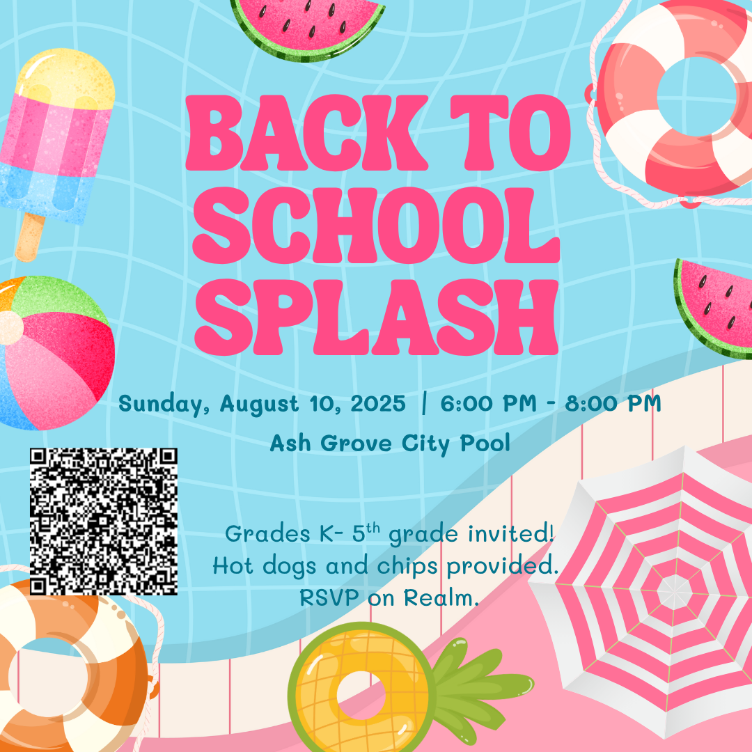 An advertisement for a back to school splash in ash grove city pool
