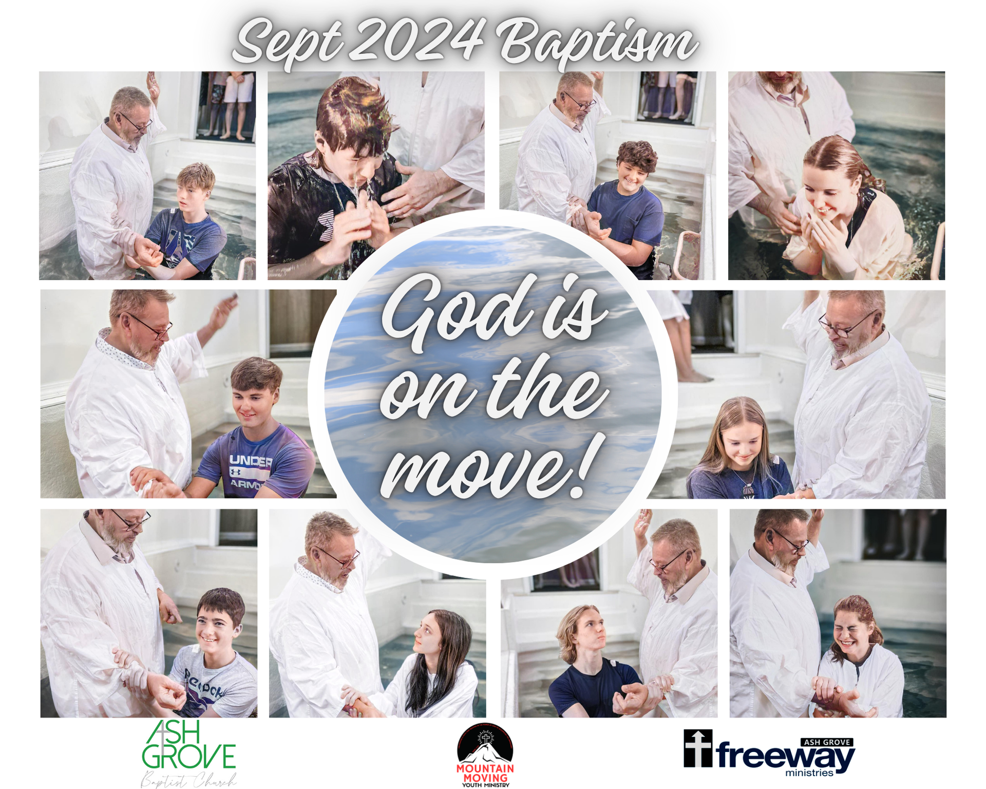 A collage of pictures of people being baptized with the words `` god is on the move ''.
