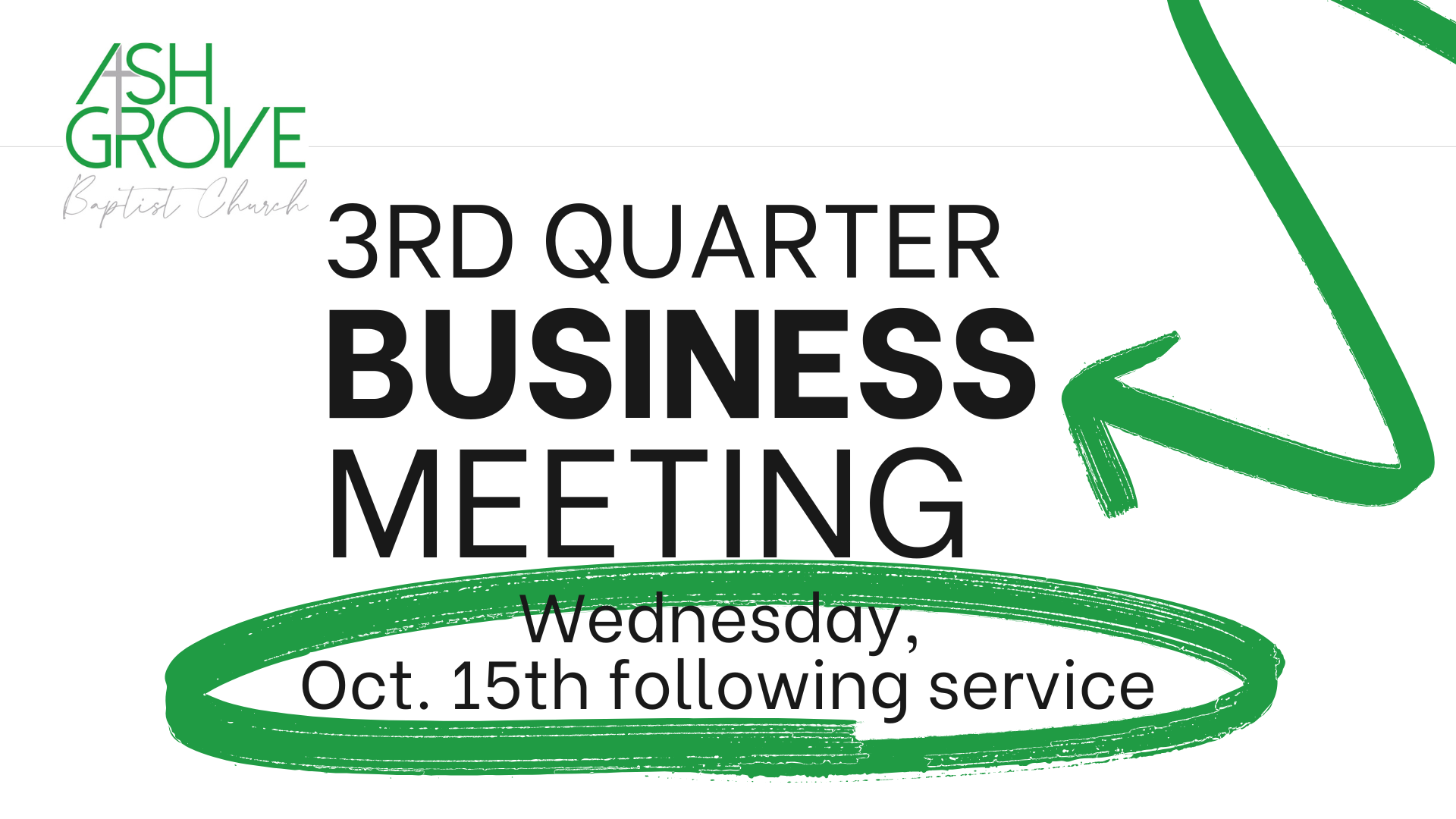 Business meeting announcement. Text says, 