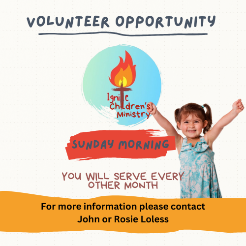 An advertisement for a volunteer opportunity for the ignite children 's ministry