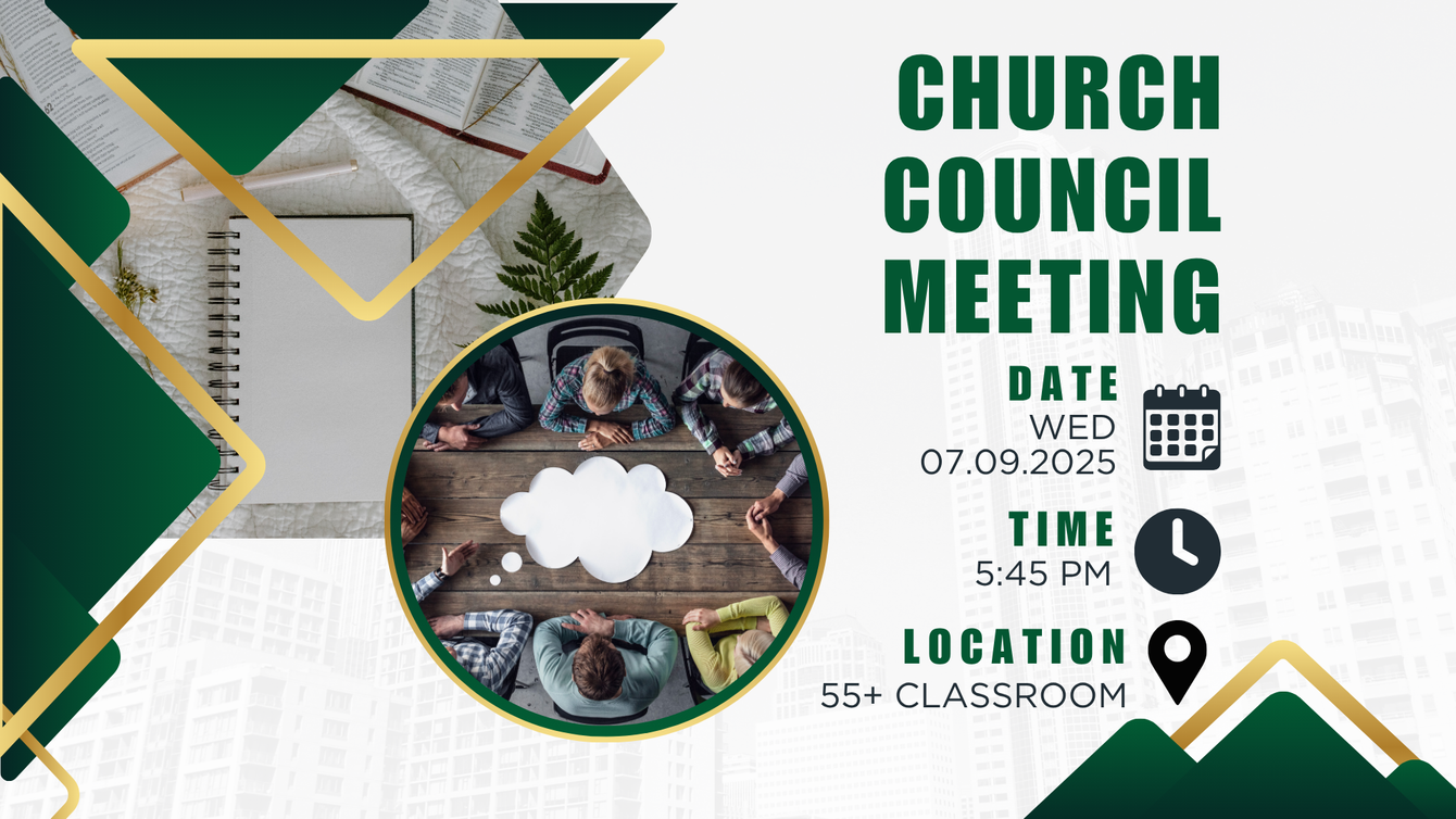 A church council meeting flyer with a picture of people sitting around a table.