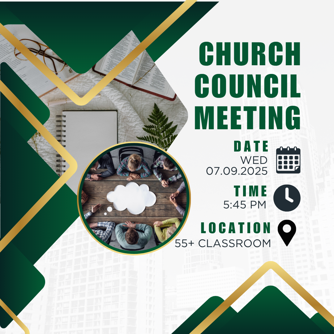 A poster for a church council meeting on wed 07/08/2025