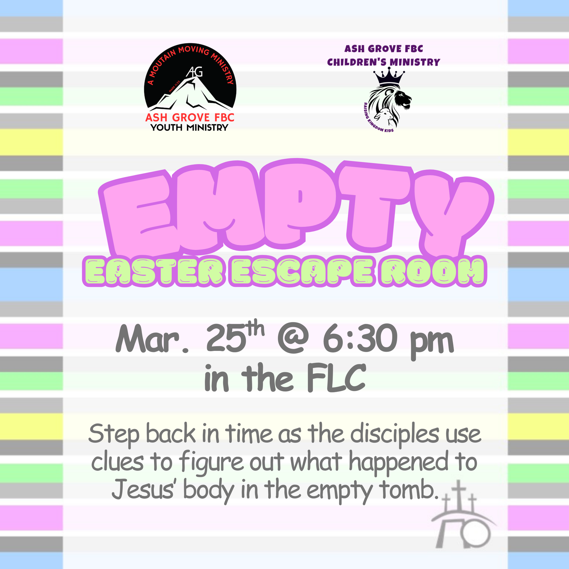 Easter Escape Room flyer: pink, purple, and green text. March 25th at 6:30 PM in the FLC.
