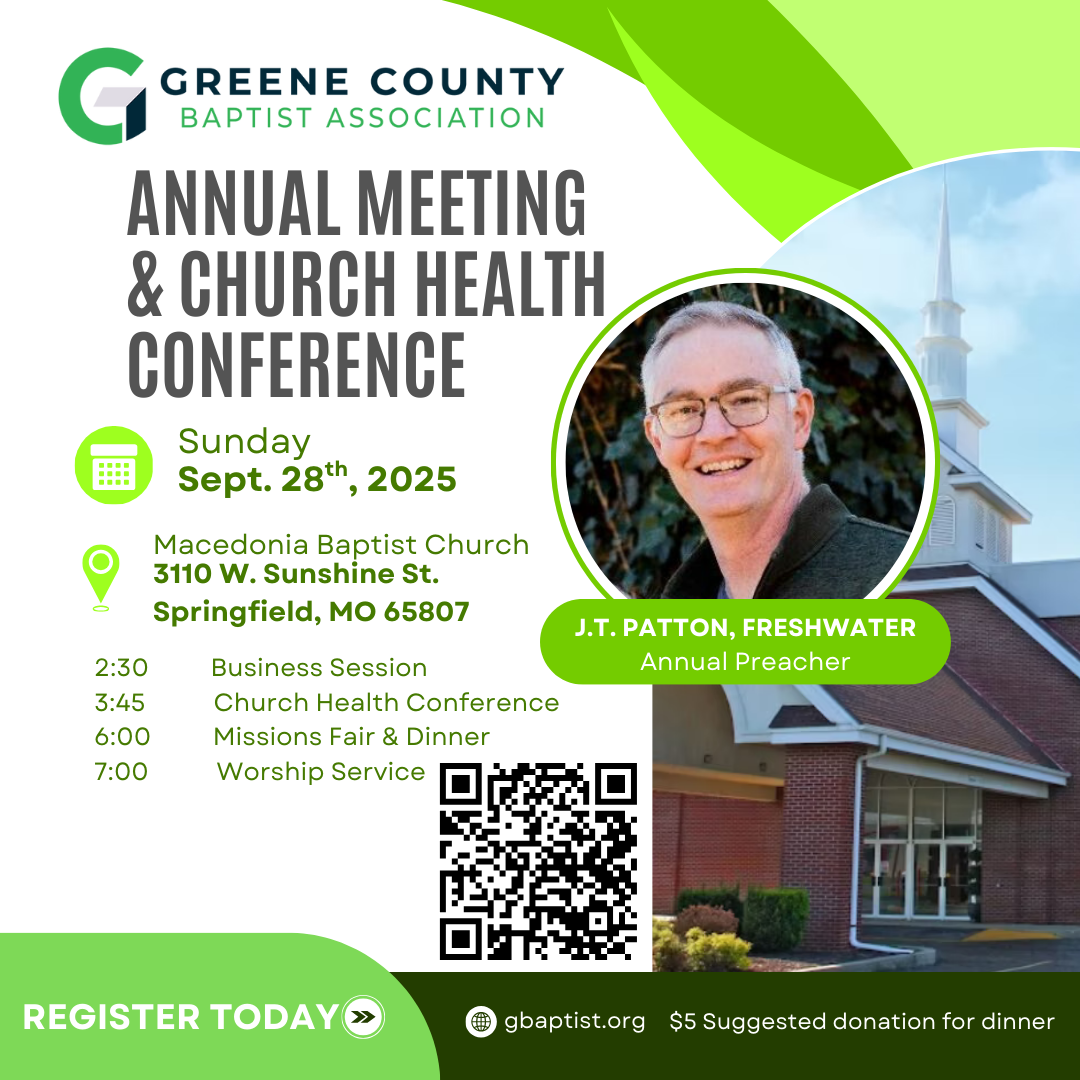 Greene County Baptist Association annual meeting. Sunday, Sept. 28, at Macedonia Baptist Church. 