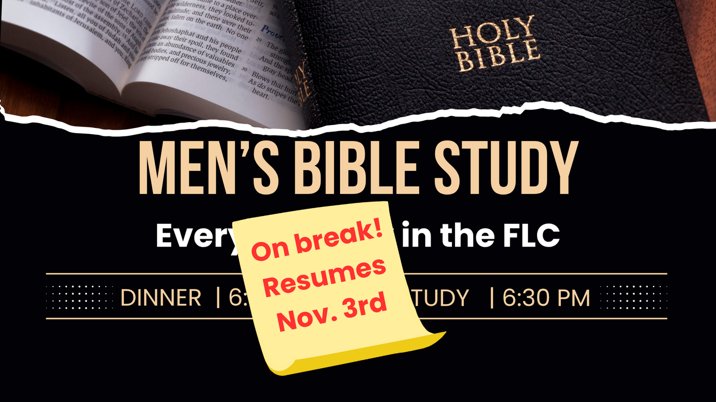 Men's Bible study flyer. Includes a Bible, a note 