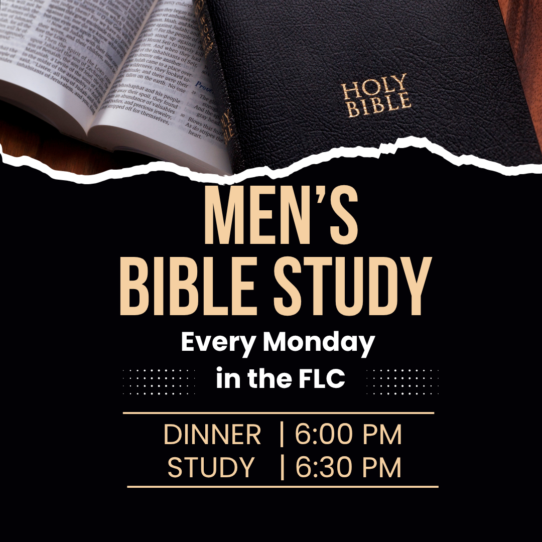 Men's Bible Study advertisement: features a Bible with open pages, text reading 