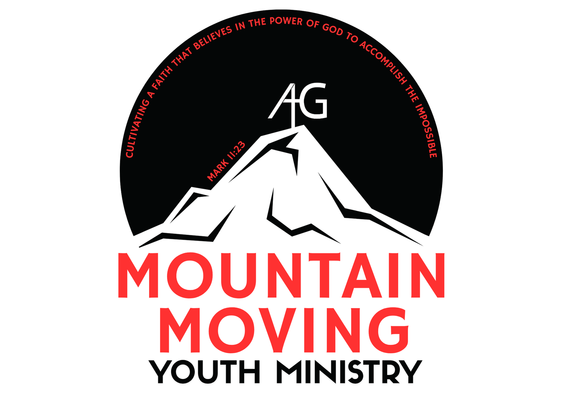 A logo for mountain moving youth ministry with a mountain in the middle.