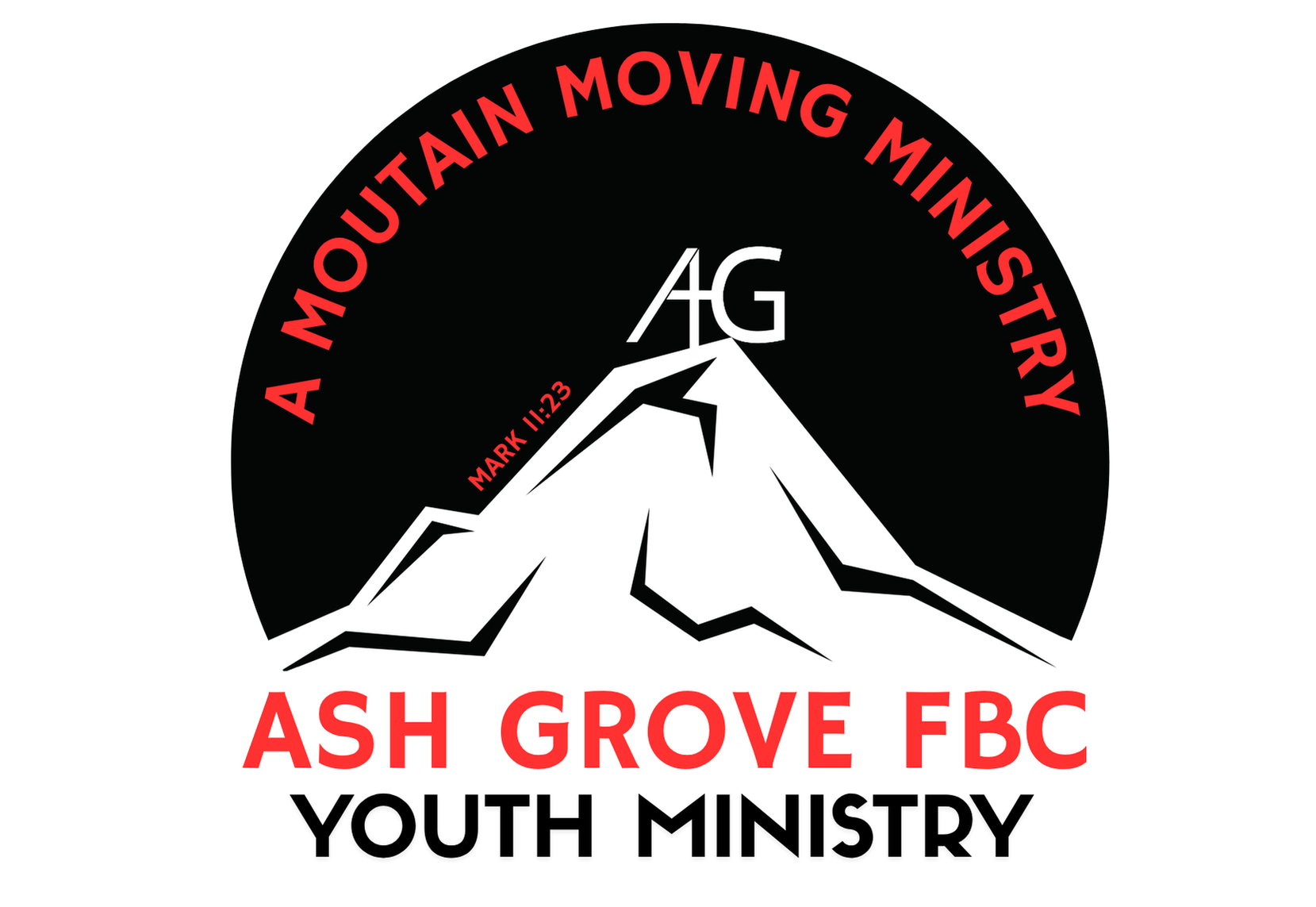 A logo for mountain moving youth ministry with a mountain in the middle.