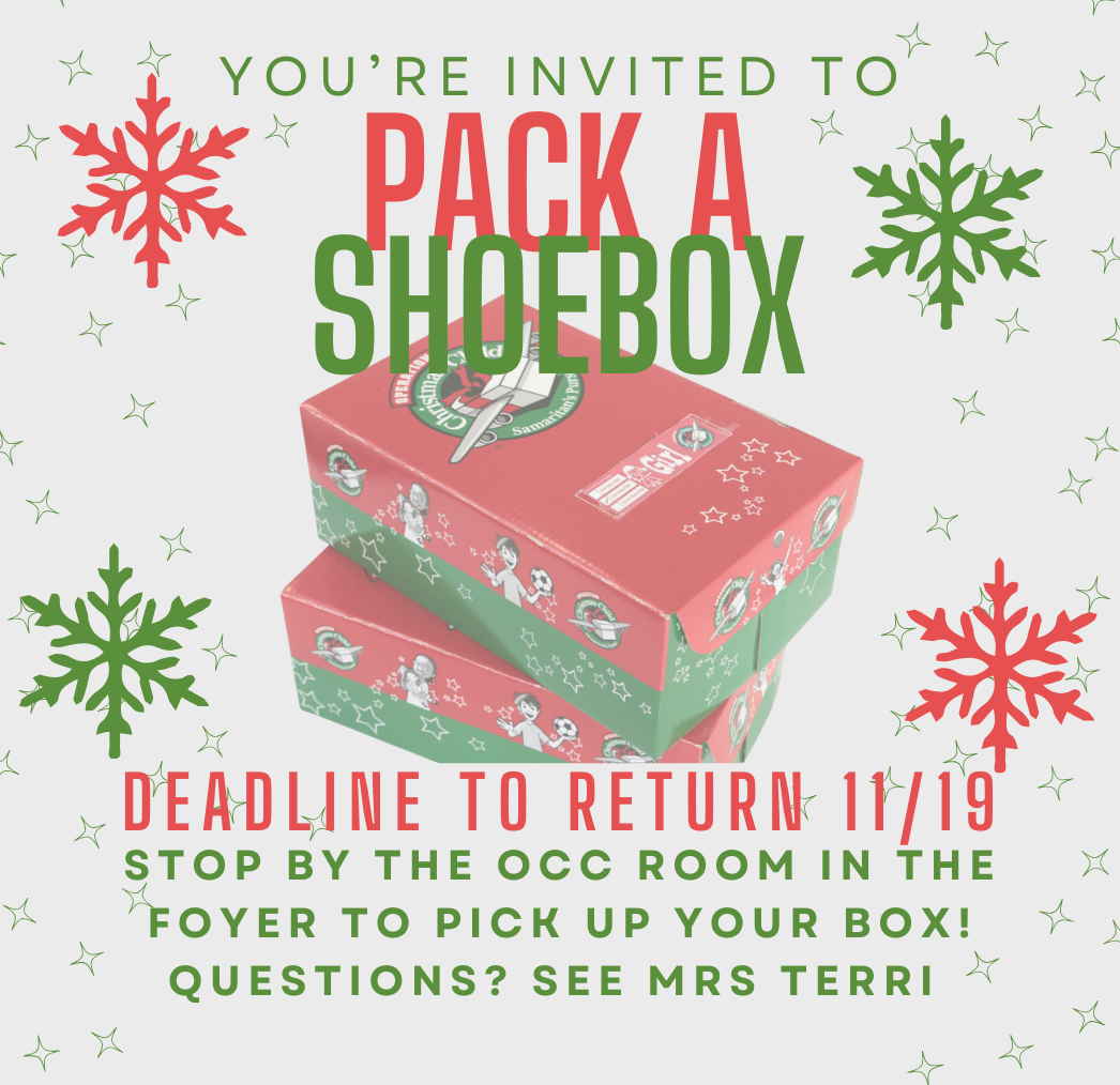 Invitation to pack a shoebox. Red and green design with shoeboxes, snowflakes, and text: