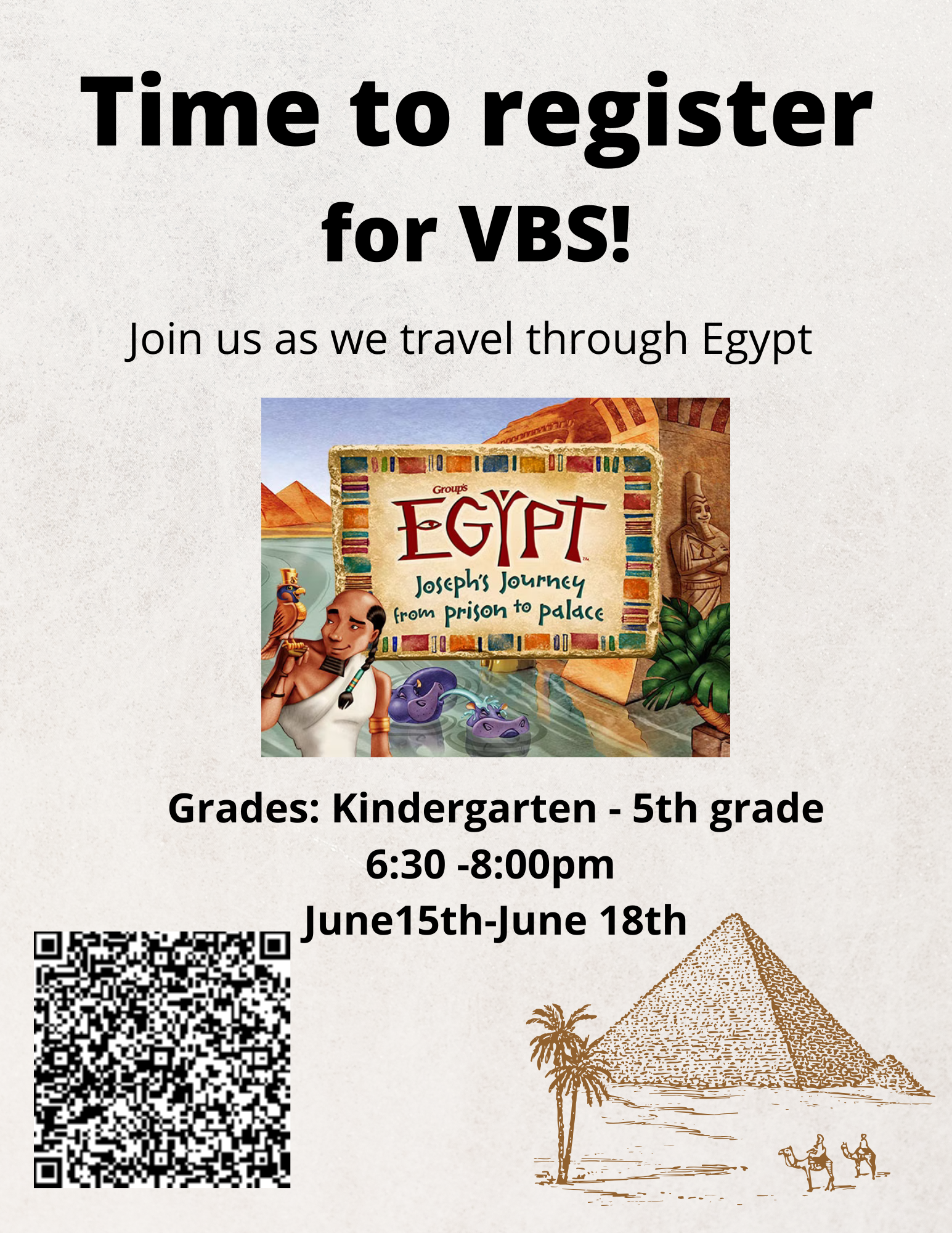 A poster that says time to register for vbs
