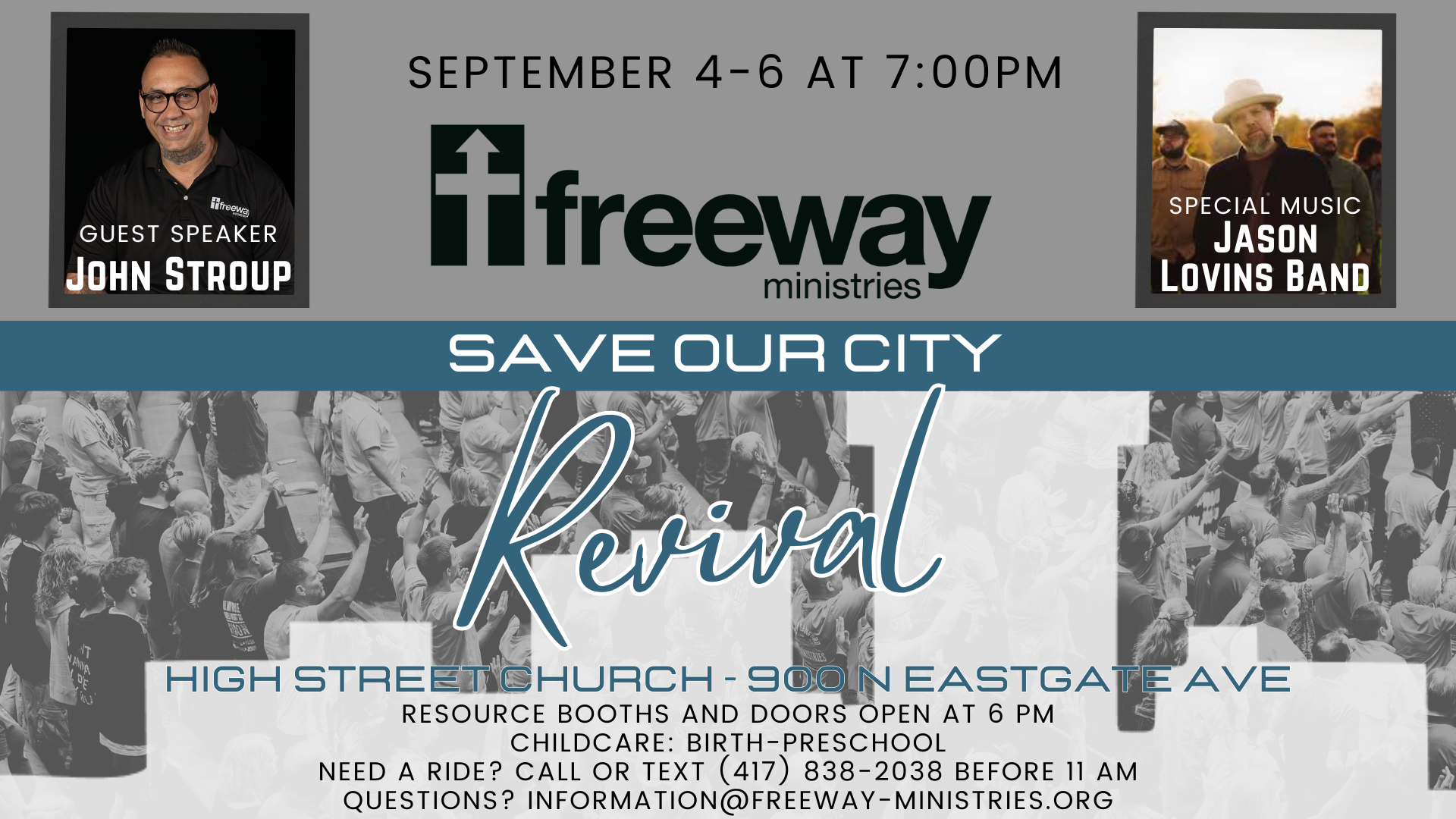 Revival event flyer: John Stroup and Jason Lovins Band at High Street Church, September 4-6, 7:00 PM.