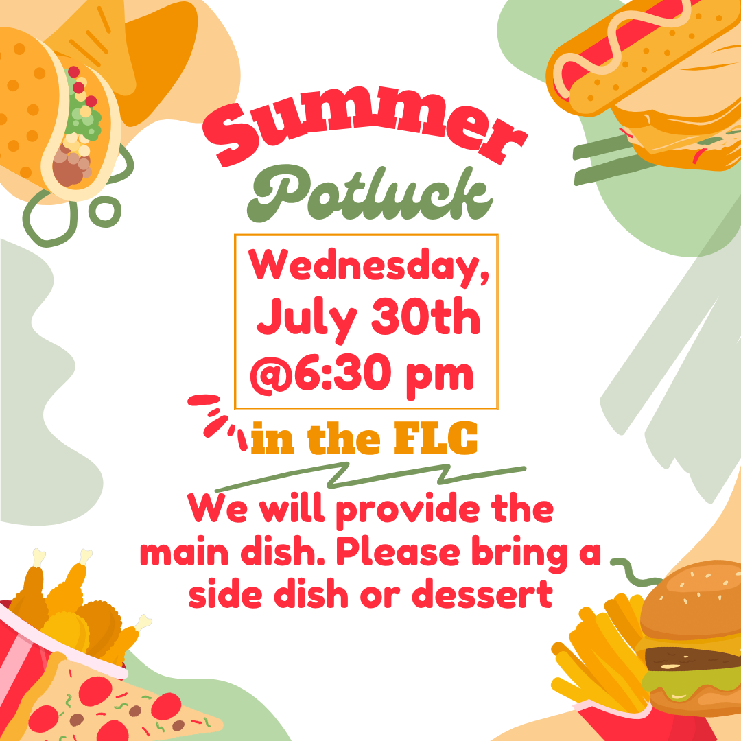 An advertisement for a summer potluck on wednesday july 30th