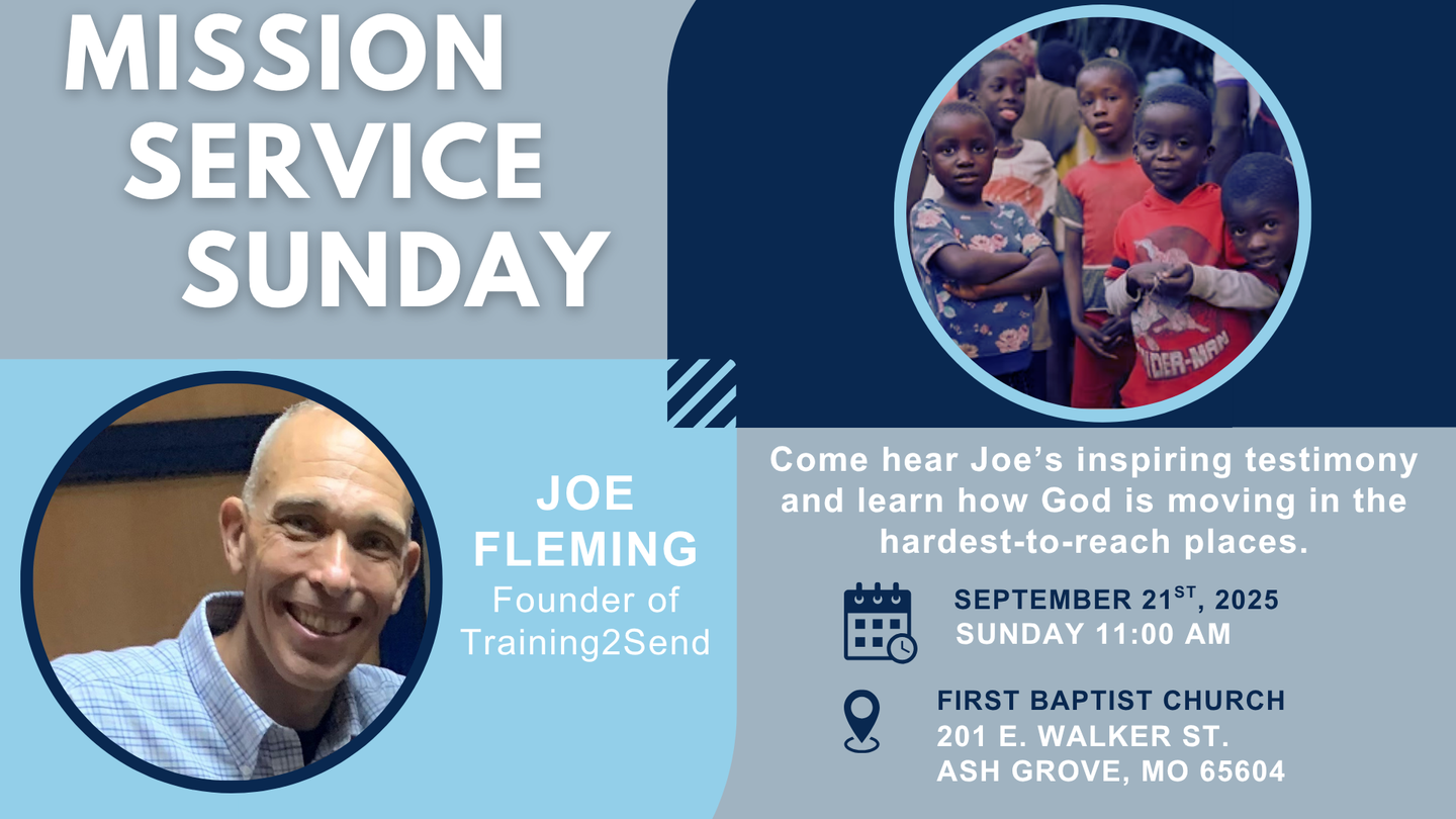 Flyer for Mission Service Sunday at First Baptist Church, featuring Joe Fleming.