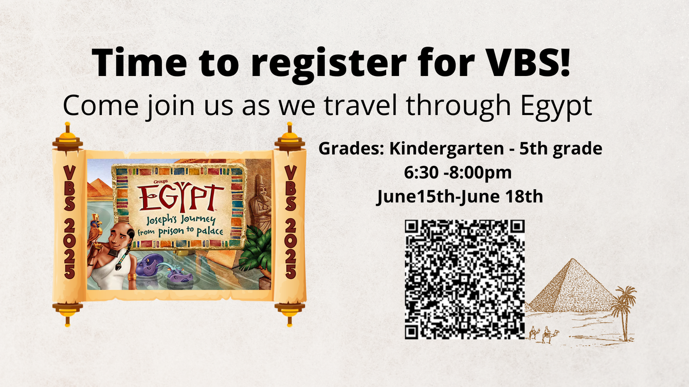 A sign that says time to register for vbs come join us as we travel through egypt
