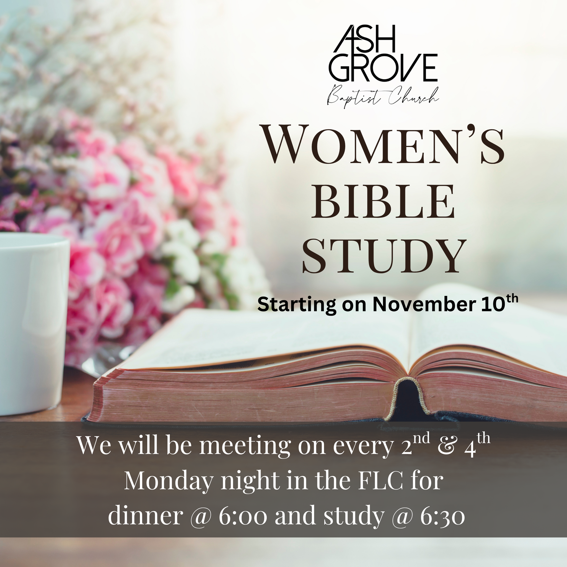 Flyer for Ash Grove Baptist Church Women's Bible Study. Starting Nov 10th, Mondays, dinner at 6:00, study at 6:30.