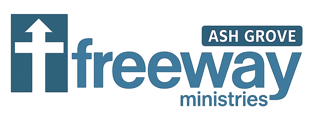 A blue and white logo for ash grove freeway