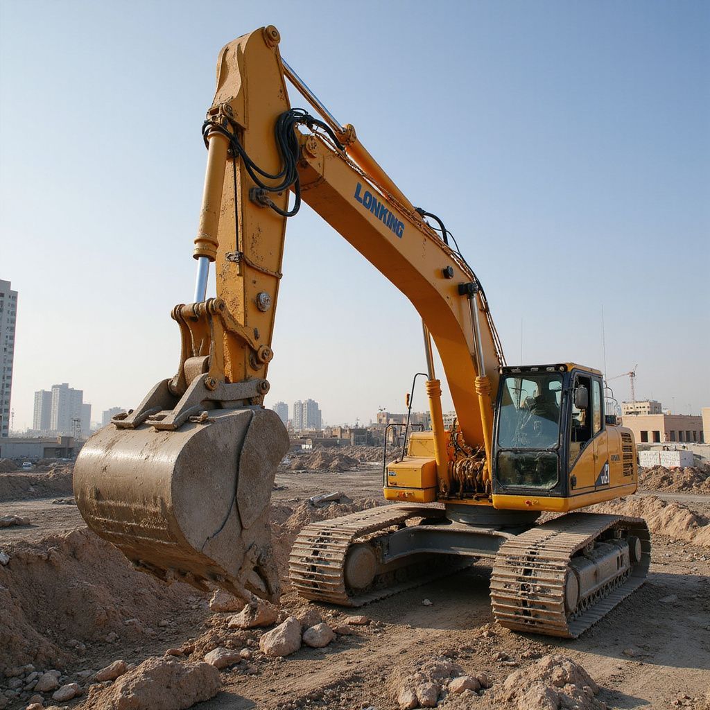 Yellow Lonking crawler excavator digging at an active Dubai construction project