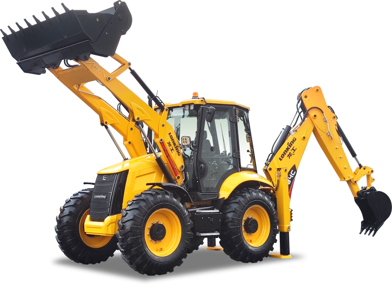 Lonking yellow backhoe loader with raised front bucket and extended digger arm for construction projects in Dubai UAE