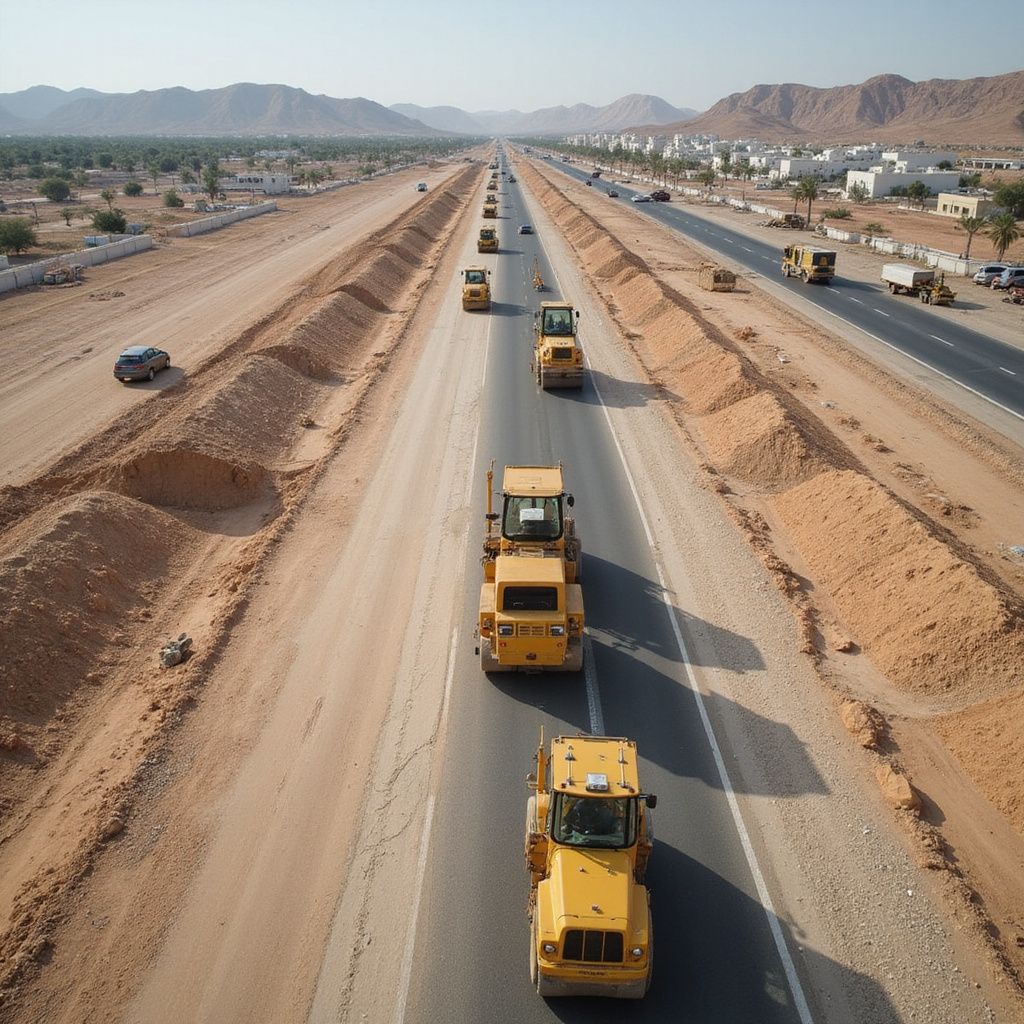Road construction scene with yellow machinery, mountains in background.