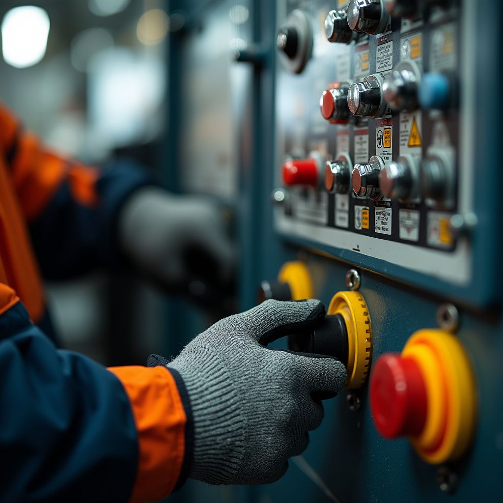 Construction worker inspecting Lonking excavators inside Vibranium Machinery warehouse Dubai UAE