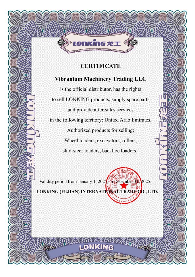 Official Lonking distributor certificate issued to Vibranium Machinery Trading LLC for UAE sales and service