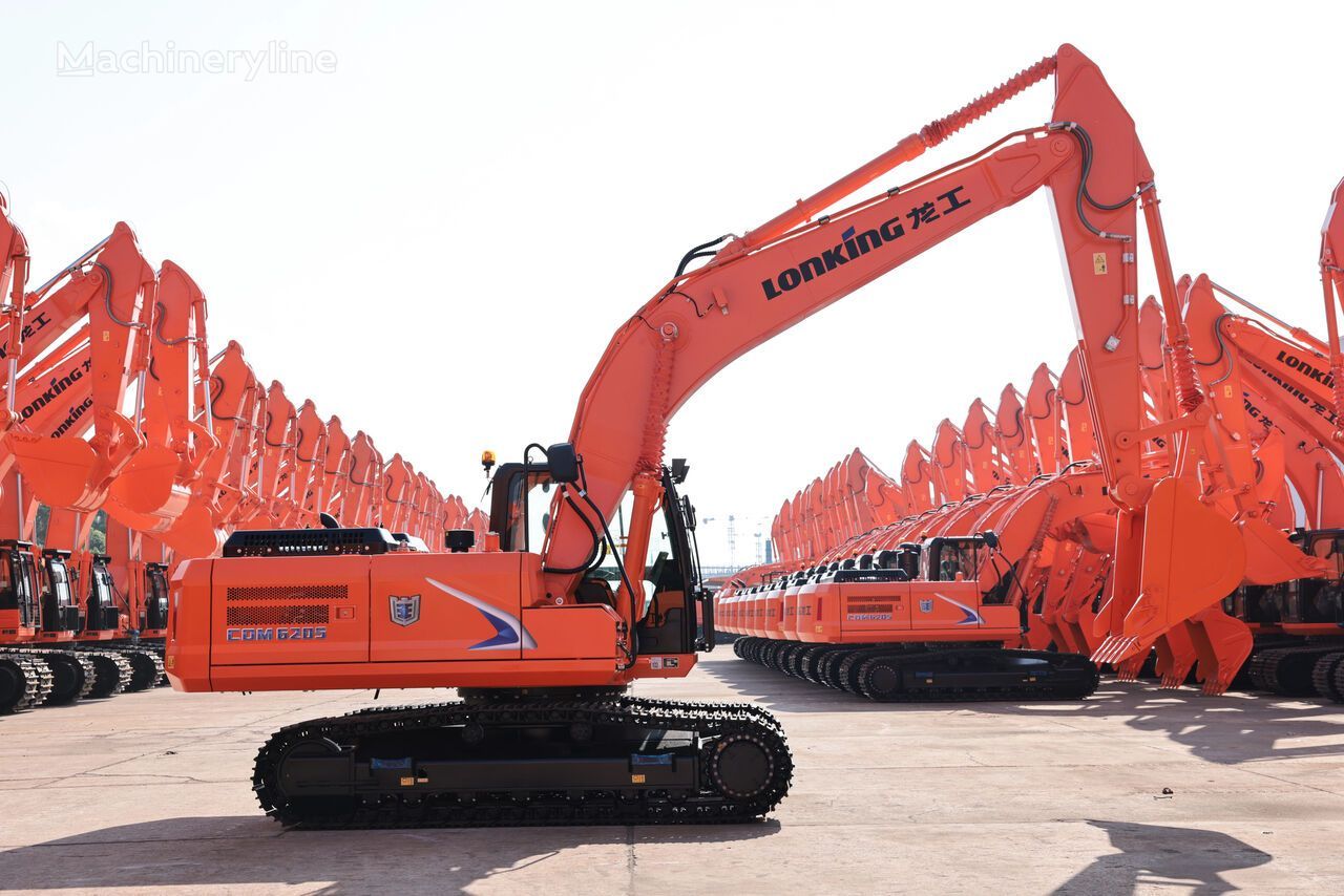 Lonking orange crawler excavators lined up for sale and heavy construction projects in Dubai UAE