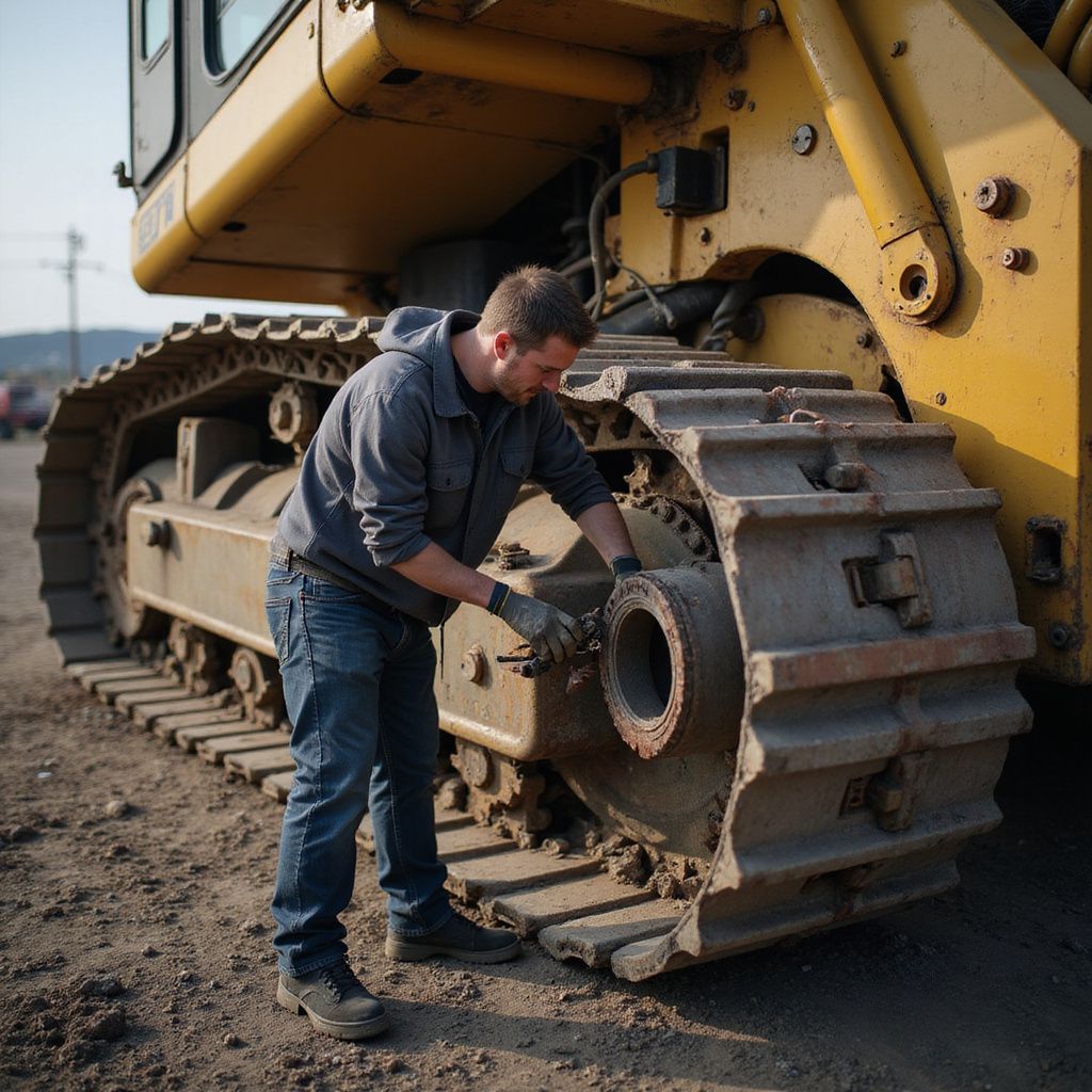 Vibranium mechanic repairing yellow bulldozer on construction site UAE