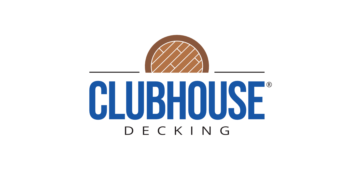 A blue and brown logo for clubhouse decking.