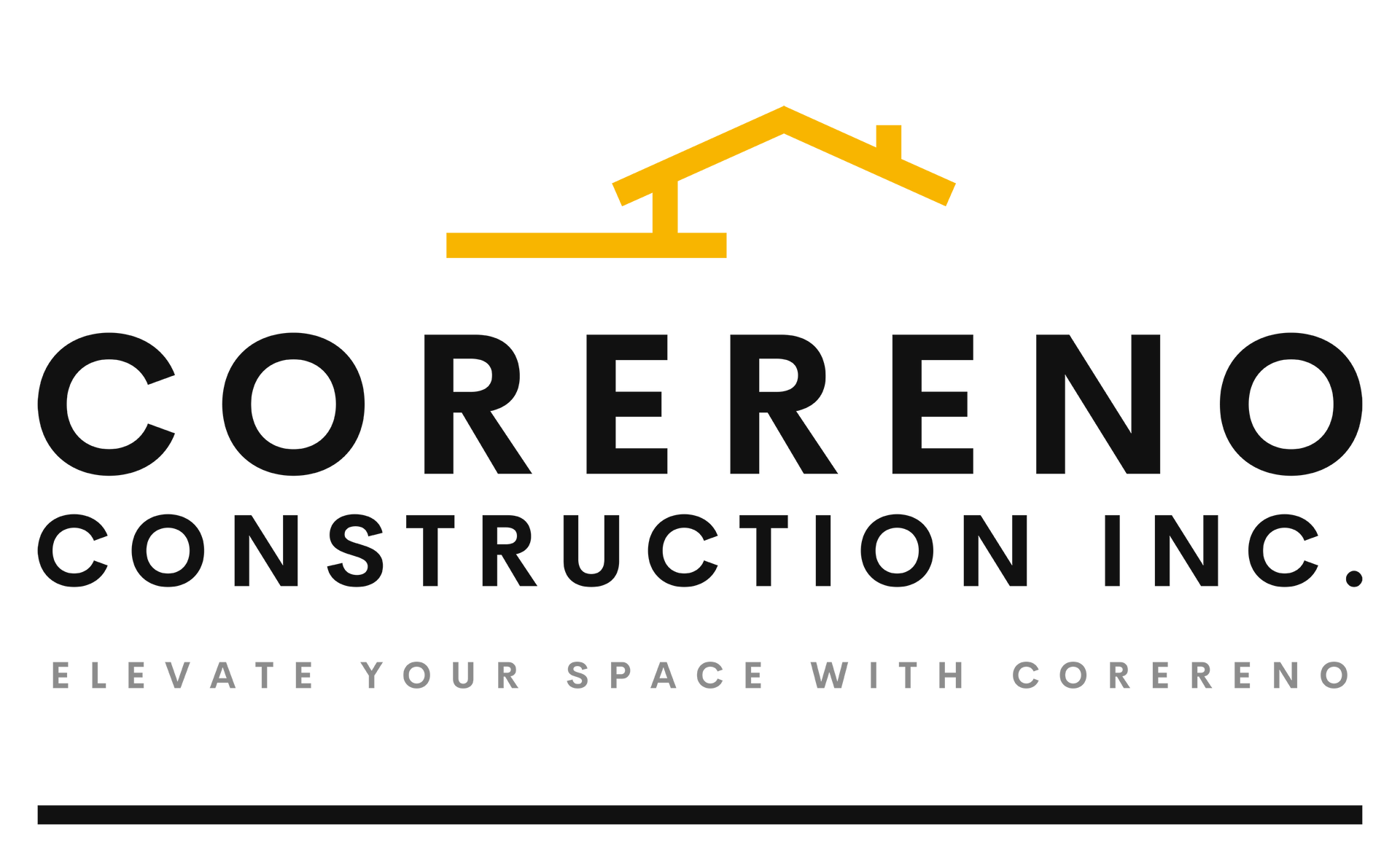 The logo for corereno construction inc. is black and yellow and says elevate your space with corereno.