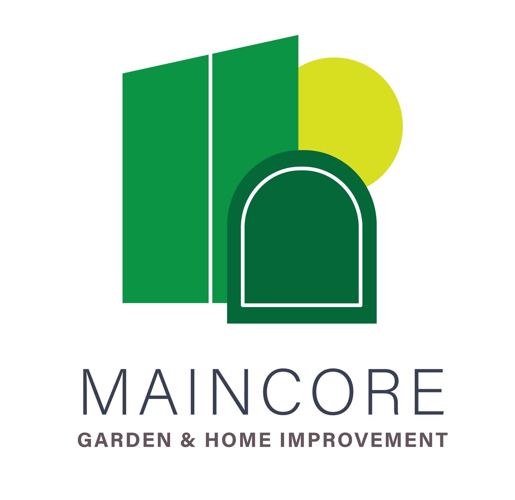 A green and yellow logo for maincore garden and home improvement.