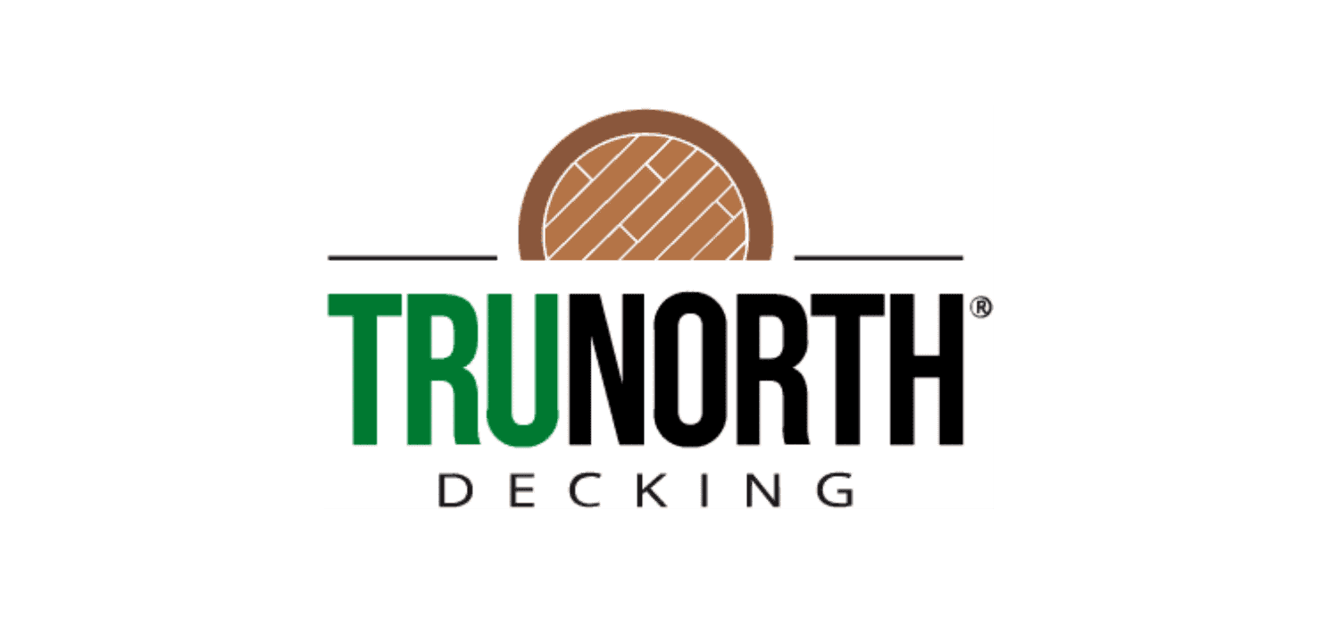 A logo for trunorth decking with a wooden circle in the middle.