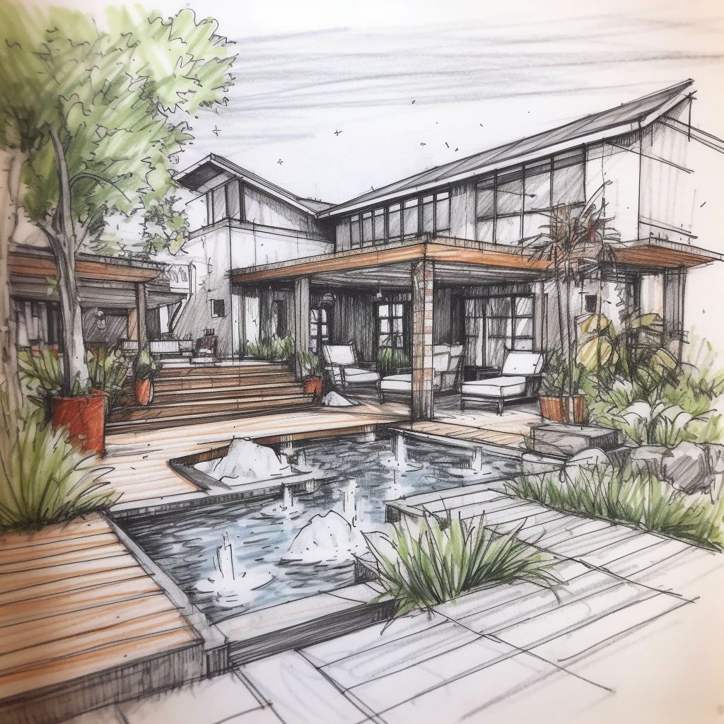 A drawing of a house with a fountain in the backyard.