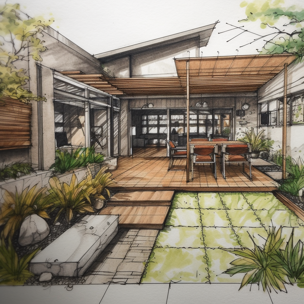 A drawing of a house with a patio and a pool